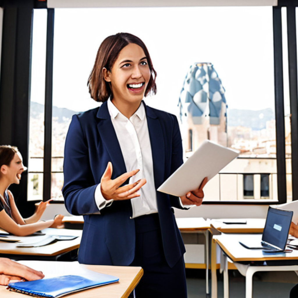 **

A young, enthusiastic TESOL certified teacher leading an engaging online business English lesson with diverse professionals in a virtual classroom setting, Barcelona in the backdrop. Focus on practical tips and real-world application.

**