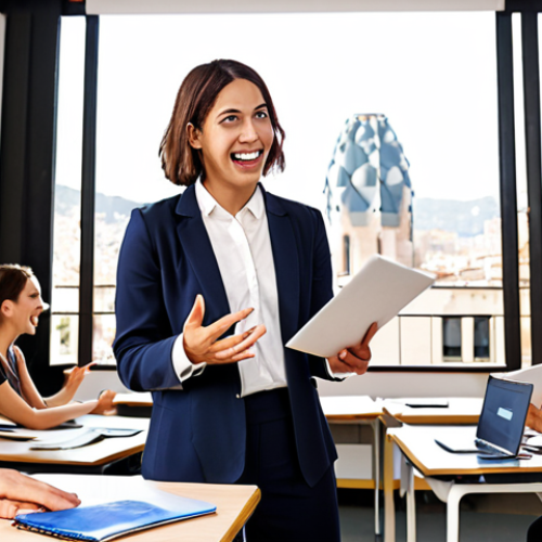 Home 4 **
A young, enthusiastic TESOL certified teacher leading an engaging online business English lesson with diverse professionals in a virtual classroom setting, Barcelona in the backdrop. Focus on practical tips and real-world application.
**