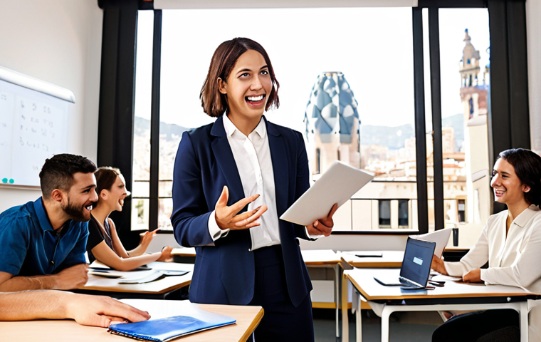**
A young, enthusiastic TESOL certified teacher leading an engaging online business English lesson with diverse professionals in a virtual classroom setting, Barcelona in the backdrop. Focus on practical tips and real-world application.
**