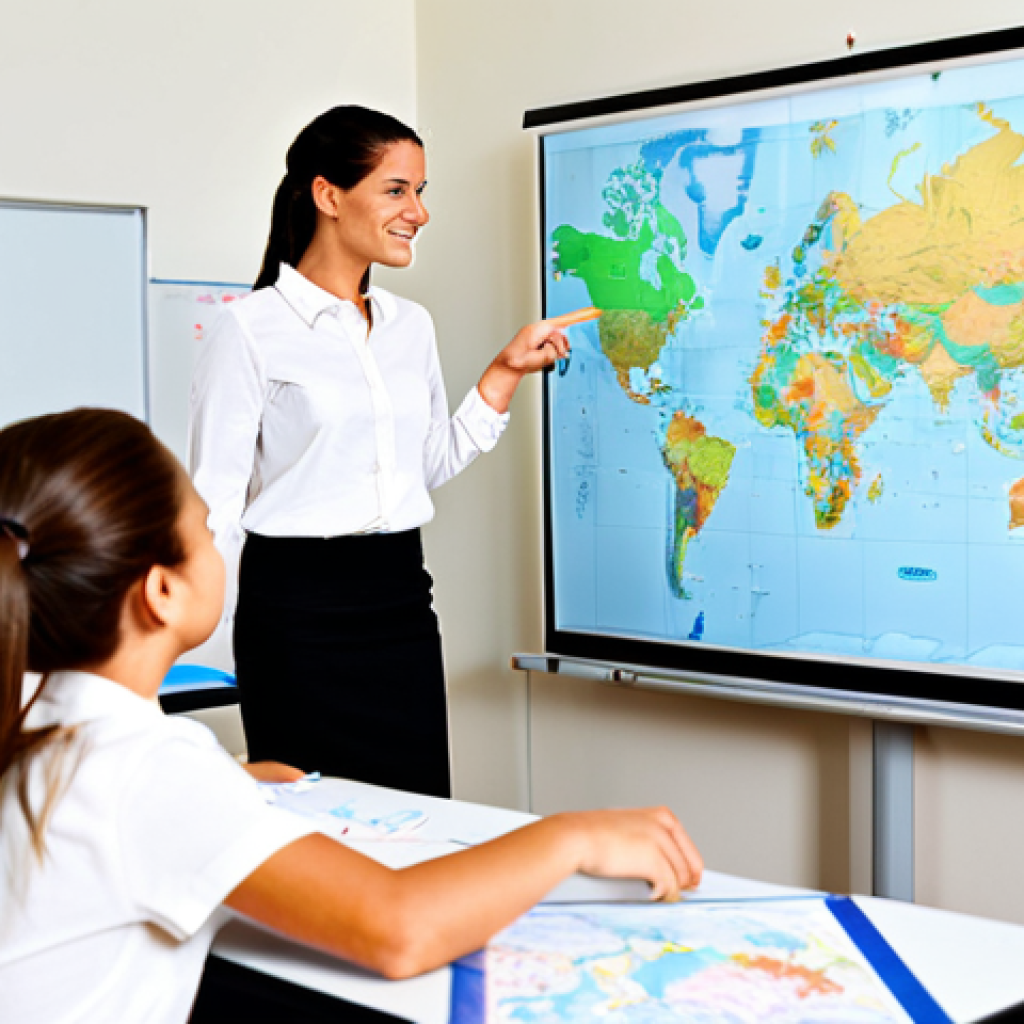 Interactive Whiteboard in Action**
"A bright, modern classroom scene. A teacher, fully clothed in business casual attire, is pointing to an interactive whiteboard displaying an engaging geography lesson. Students, appropriately dressed and attentive, are participating actively. The whiteboard shows a colorful map with interactive elements. The classroom is well-lit and organized. Safe for work, appropriate content, family-friendly, professional educational setting, perfect anatomy, natural pose, well-formed hands, proper finger count, natural body proportions."
**