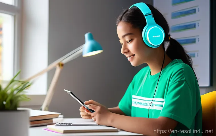 TESOL 강사가 사용하는 최신 기술 - **AI-Powered Personalized Learning:**
"A bright, modern study space with a teenage girl, approxi...