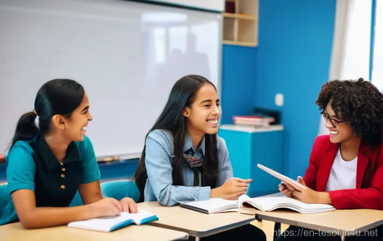 TESOL 강사가 겪는 일반적인 도전 과제 - **Vibrant, Diverse Classroom with Interactive Learning:**
A brightly lit, modern classroom setti...