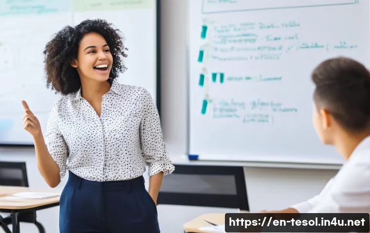 TESOL 강의 실습 팁 - **A modern, brightly lit classroom filled with a diverse group of college-aged students and their en...