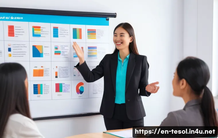 TESOL 시험 채점 기준 - A professional TESOL classroom scene featuring a diverse group of adult students engaged in a dynami...