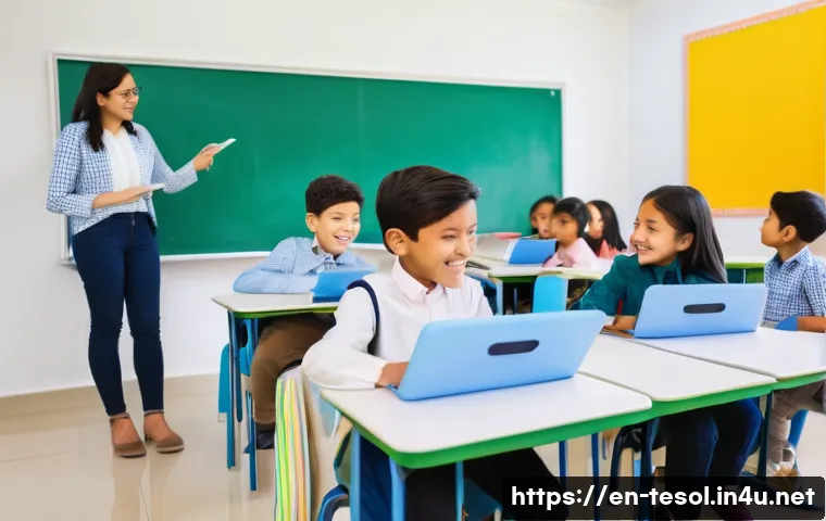 TESOL 자격증으로 경력 전환 성공 - A diverse group of TESOL-certified teachers conducting an engaging English class in a bright, modern...