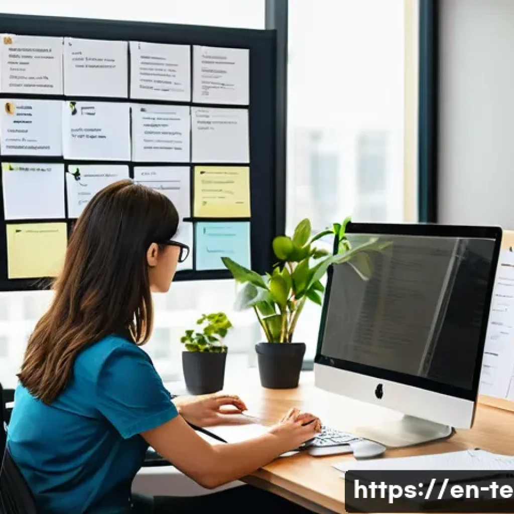 TESOL 강사가 겪는 시간 관리 문제 - A focused TESOL instructor in a modern home office, organizing tasks on a large wall-mounted Eisenho...