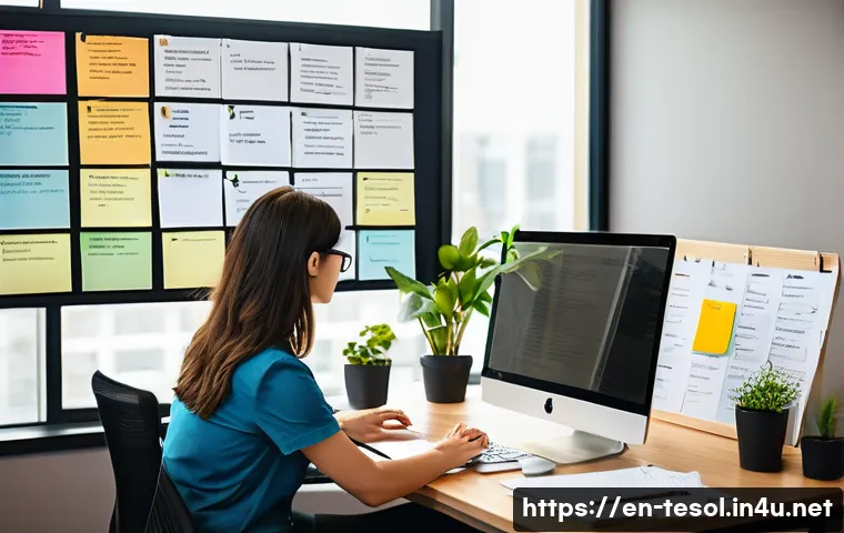 TESOL 강사가 겪는 시간 관리 문제 - A focused TESOL instructor in a modern home office, organizing tasks on a large wall-mounted Eisenho...