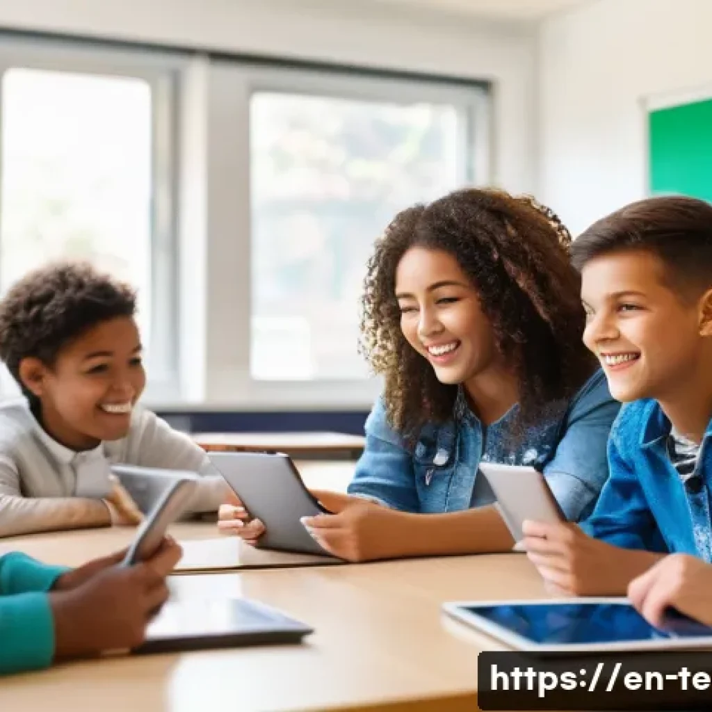 TESOL 강사가 자주 사용하는 도구 - A diverse group of middle school students engaged in a dynamic TESOL classroom, using tablets and la...