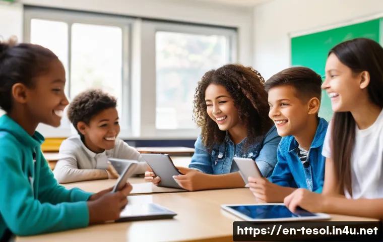 TESOL 강사가 자주 사용하는 도구 - A diverse group of middle school students engaged in a dynamic TESOL classroom, using tablets and la...