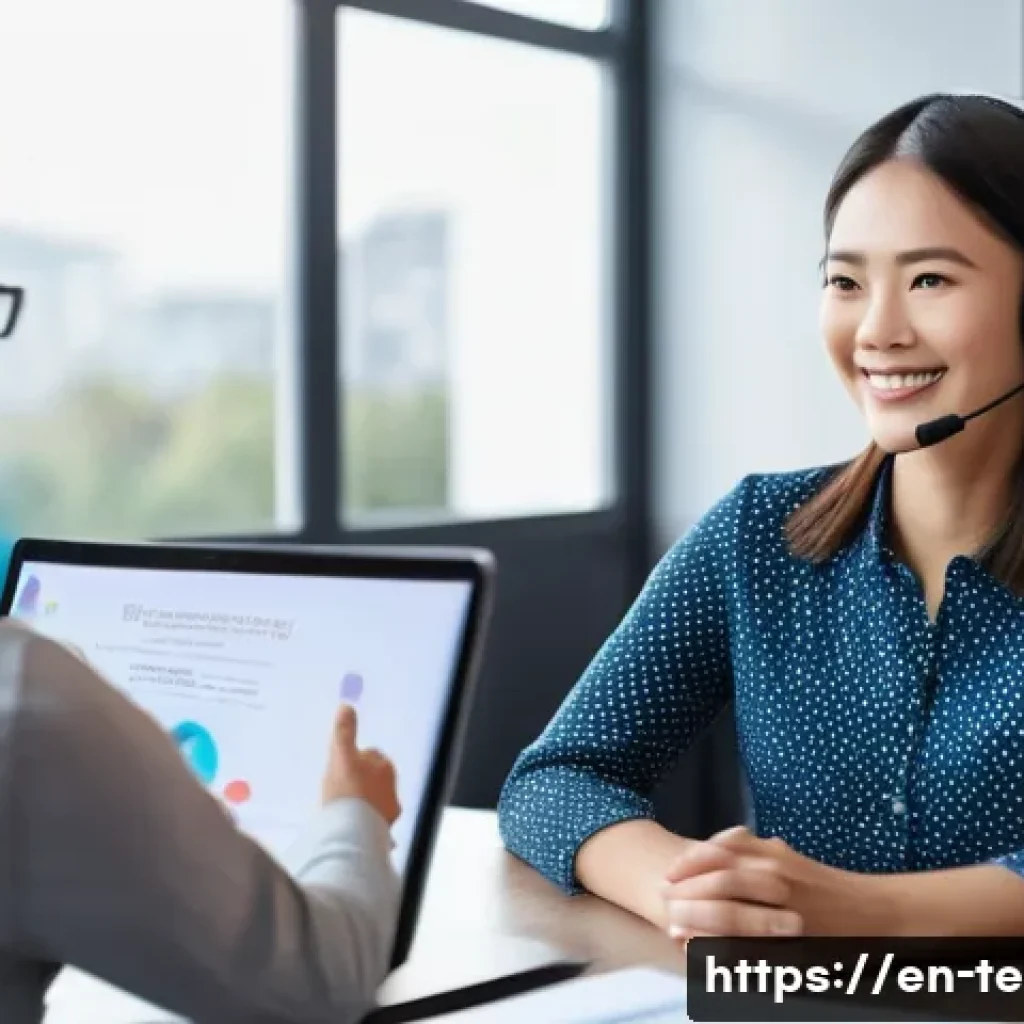 TESOL 취업 시장 동향 - A modern virtual classroom scene featuring a confident female TESOL teacher in her early 30s, sittin...