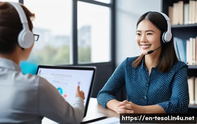TESOL 취업 시장 동향 - A modern virtual classroom scene featuring a confident female TESOL teacher in her early 30s, sittin...
