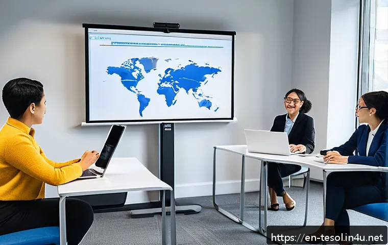 TESOL 자격증과 언어 교육의 미래 - A diverse group of adult TESOL-certified professionals engaged in a dynamic corporate training sessi...
