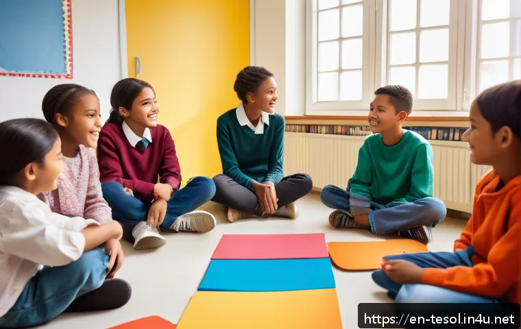 TESOL 교육에서의 스토리텔링 기법 - A diverse classroom scene showing students of various ethnic backgrounds sitting in a circle, active...