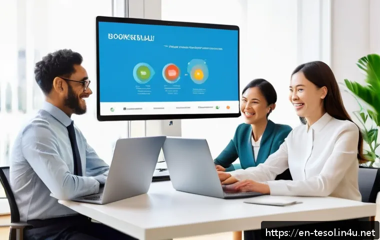 TESOL 강사가 알아야 할 대중 발표 기술 - A diverse group of adult business professionals engaged in an interactive online English lesson, sit...