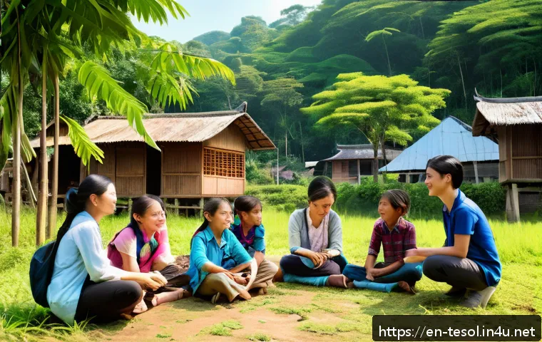 TESOL 자격증으로 가능한 비영리 활동 - A diverse group of TESOL-certified volunteer teachers conducting an engaging outdoor English lesson ...