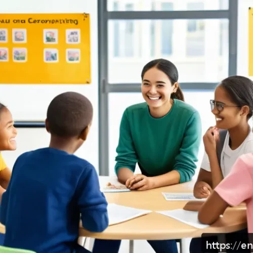 TESOL 강사로서의 직업 윤리 - A diverse TESOL classroom scene showing students of various cultural backgrounds engaged in a collab...