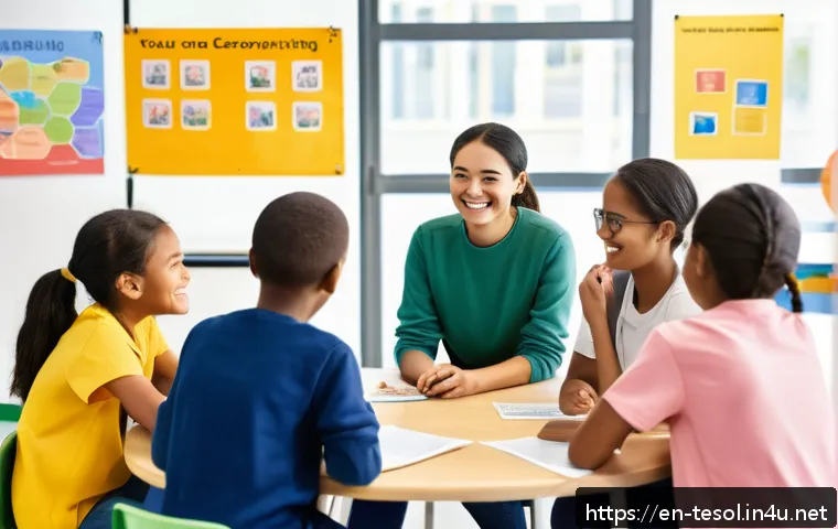 TESOL 강사로서의 직업 윤리 - A diverse TESOL classroom scene showing students of various cultural backgrounds engaged in a collab...