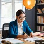 TESOL 강사의 경력 개발 계획 - A modern TESOL professional attending an online webinar from a cozy, well-lit home office, surrounde...