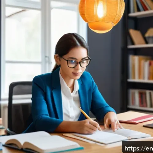 TESOL 강사의 경력 개발 계획 - A modern TESOL professional attending an online webinar from a cozy, well-lit home office, surrounde...