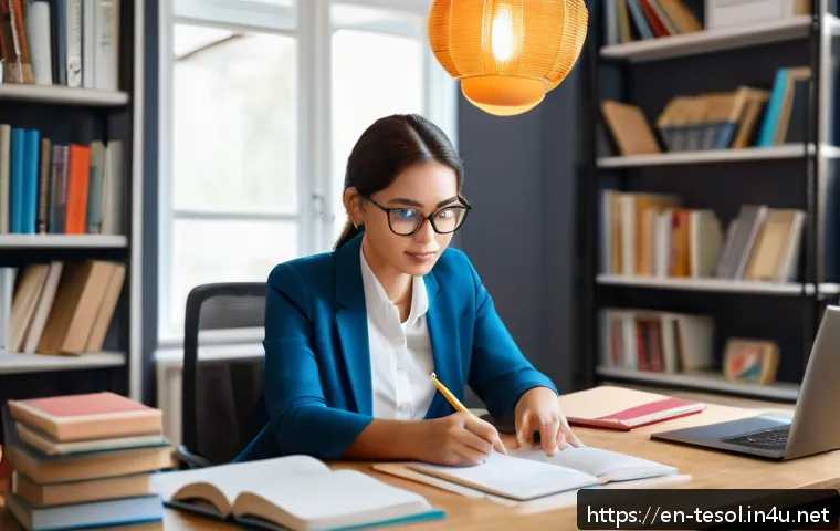 TESOL 강사의 경력 개발 계획 - A modern TESOL professional attending an online webinar from a cozy, well-lit home office, surrounde...