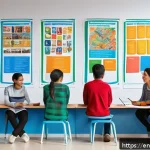 TESOL 강사로서의 사회적 책임 - A diverse TESOL classroom scene showing a multicultural group of students actively engaged in a lang...