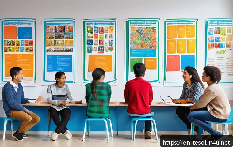 TESOL 강사로서의 사회적 책임 - A diverse TESOL classroom scene showing a multicultural group of students actively engaged in a lang...