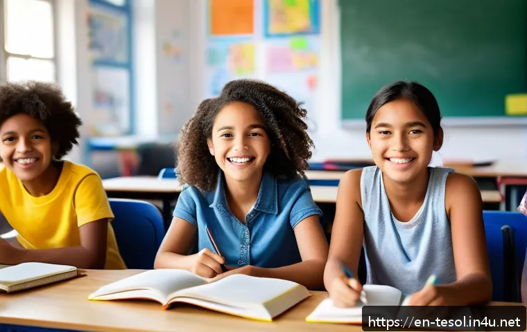 TESOL 강사가 사용하는 최신 기법 - A diverse group of enthusiastic students sitting in a bright, modern classroom, sharing personal sto...