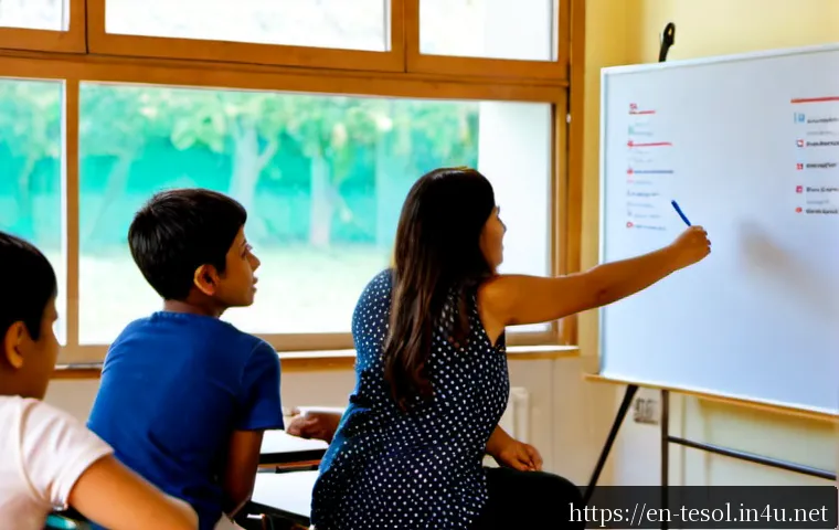 Home 17 TESOL 실습과 워크숍 차이 - Photorealistic TESOL practicum scene in a bright adult English classroom, a trainee teacher standing...