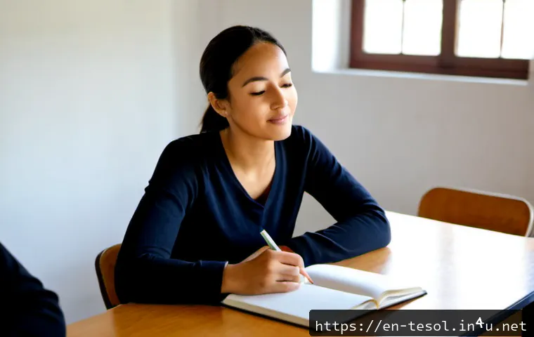 TESOL 강사로서의 감정 관리 기술 - Photorealistic TESOL instructor in a bright adult language classroom, calmly pausing at a tidy desk ...