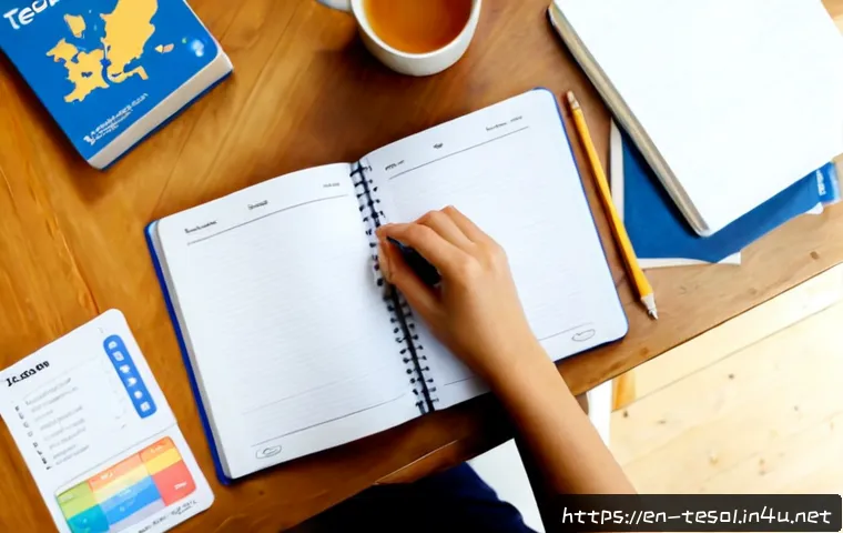 TESOL 수업 계획 작성법 - Photorealistic overhead view of an English language teacher creating a TESOL lesson plan at a tidy w...