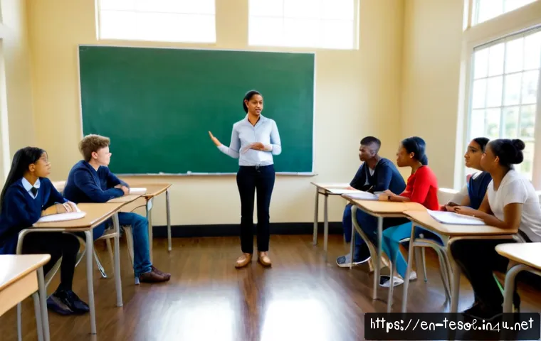 TESOL 강사가 자주 묻는 질문 - Photorealistic TESOL instructor in a bright adult English-learning classroom, warmly answering a stu...